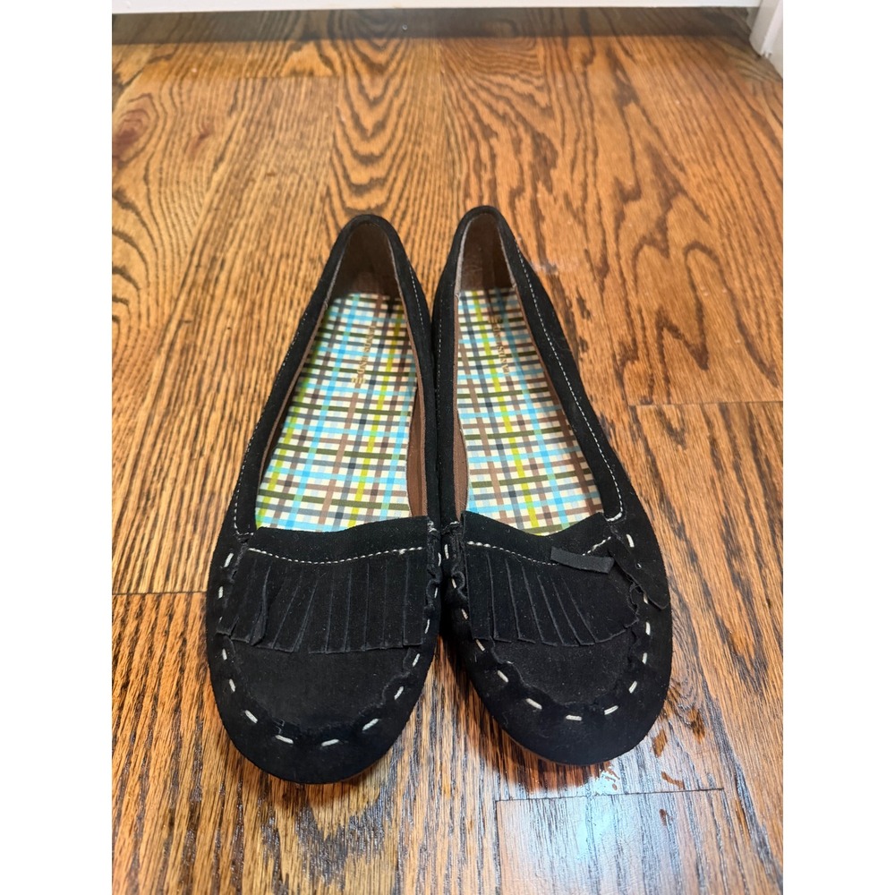 Lands End Womens Black Suede Kiltie Fringe Moccasin Flats 6B 380802